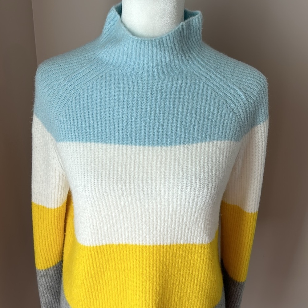Halogen Striped Mock Neck Sweater White Blue Yellow Gray Small - Picture 4 of 6